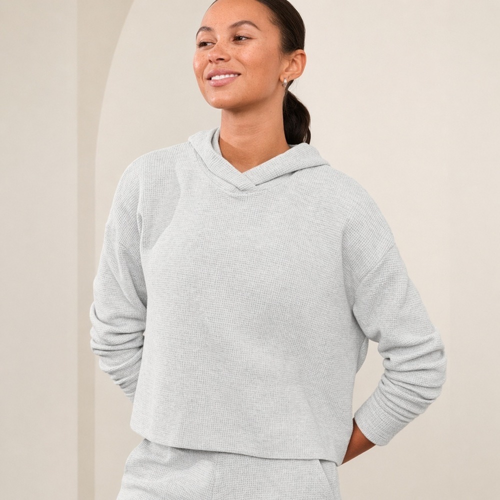 Athleta Coaster Waffle Thermal Hoodie Pullover Hoodie Light Grey SZ Large Comfy
